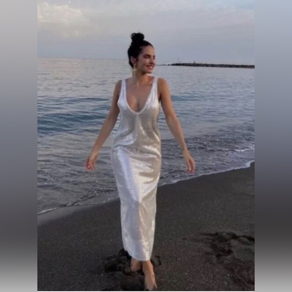 ZARA white sequins midi dress size extra small - Picture 5 of 16